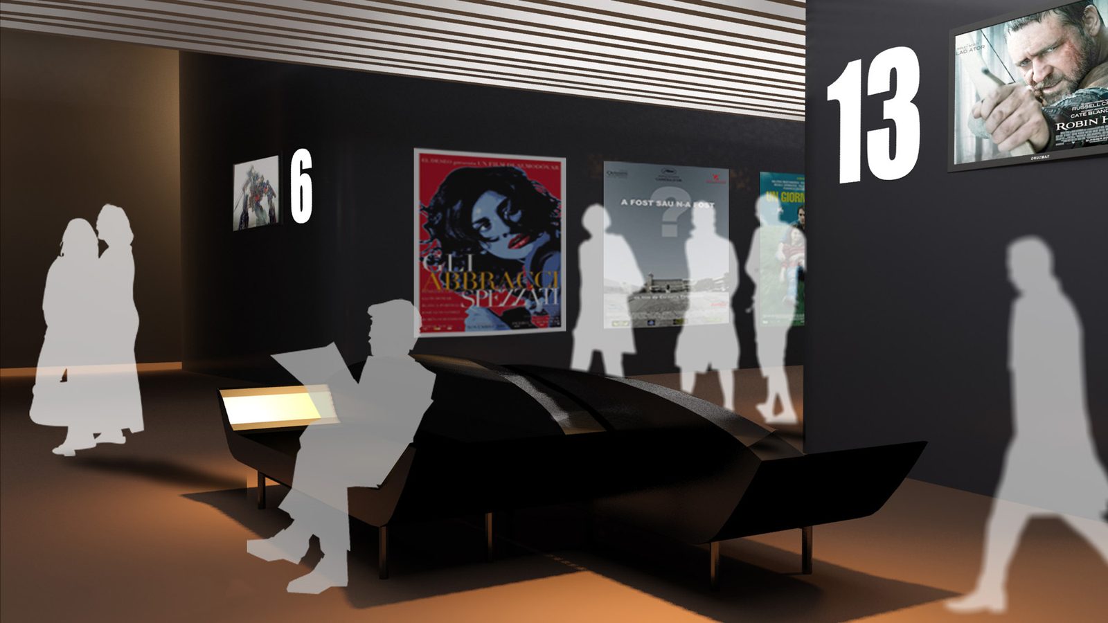 Randare a zonei de așteptare de lângă săli, cu bancheta sculpturală neagră și numerele sălilor
