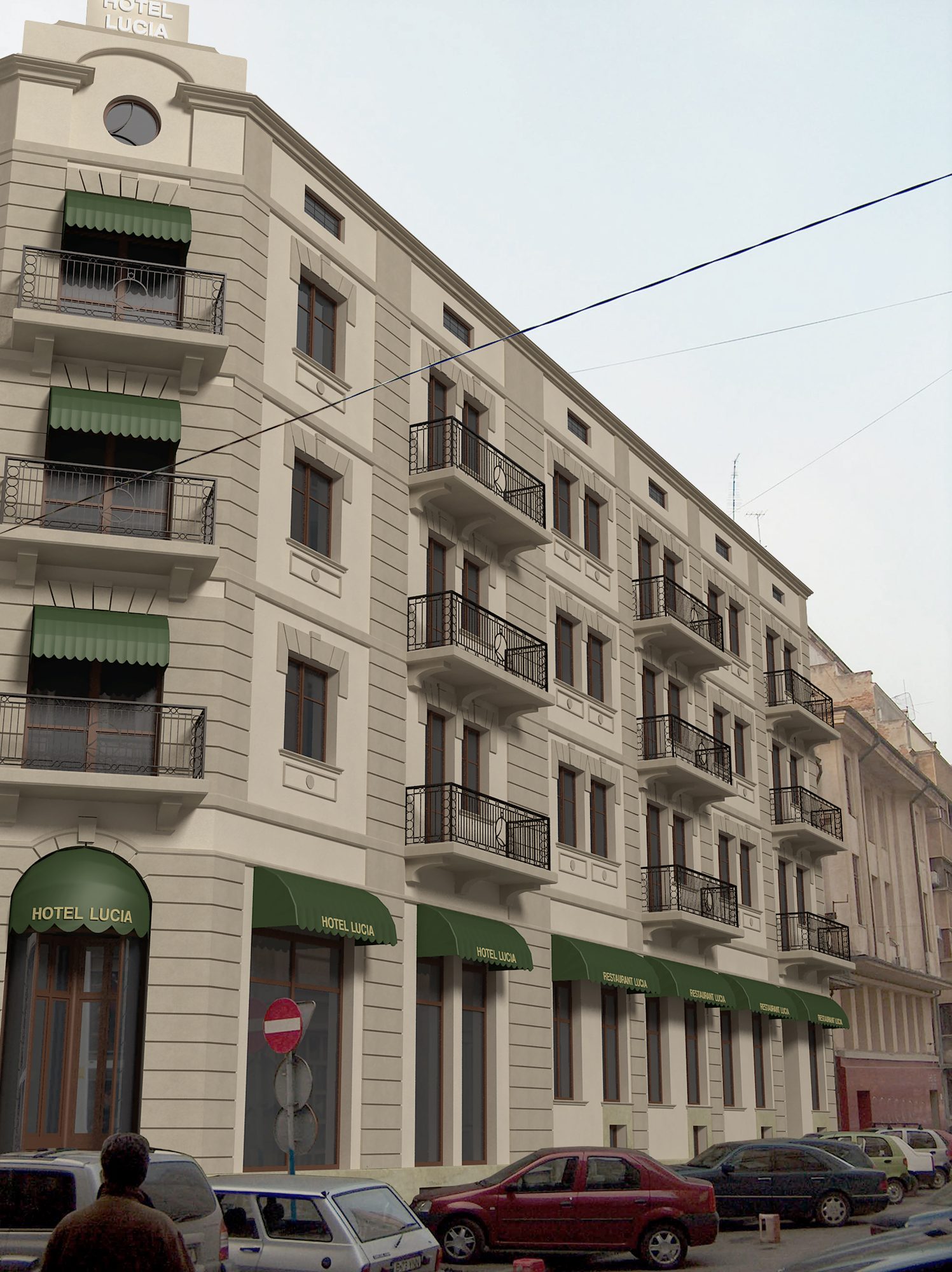 Fotomontaj al hotelului pe strada existentă: fațada lungă, cu balcoane de fier forjat și copertine verzi