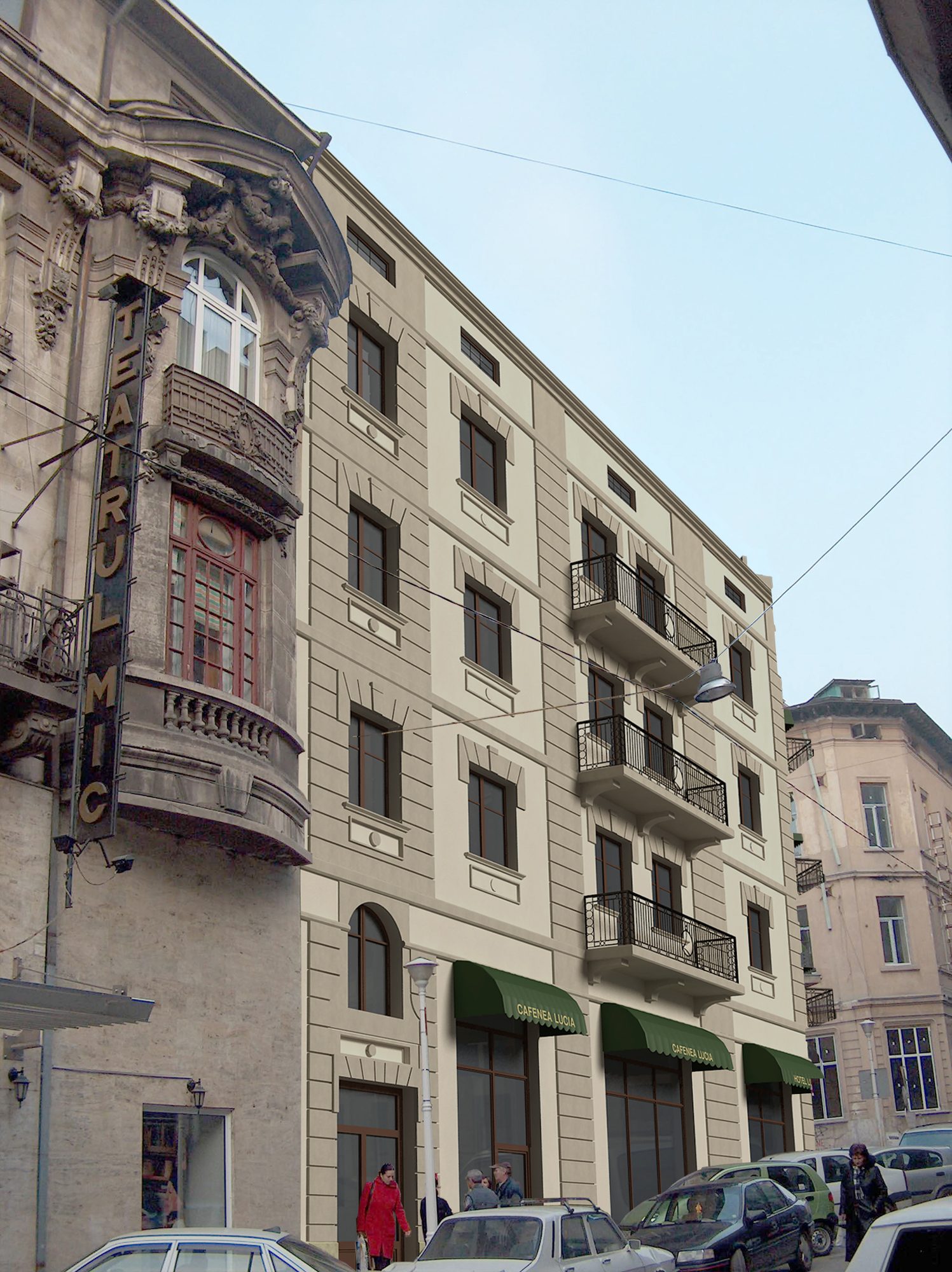 Fațada văzută de lângă clădirea istorică vecină