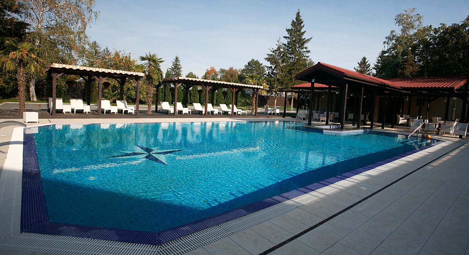 Piscina exterioară, cu pergola și șezlongurile