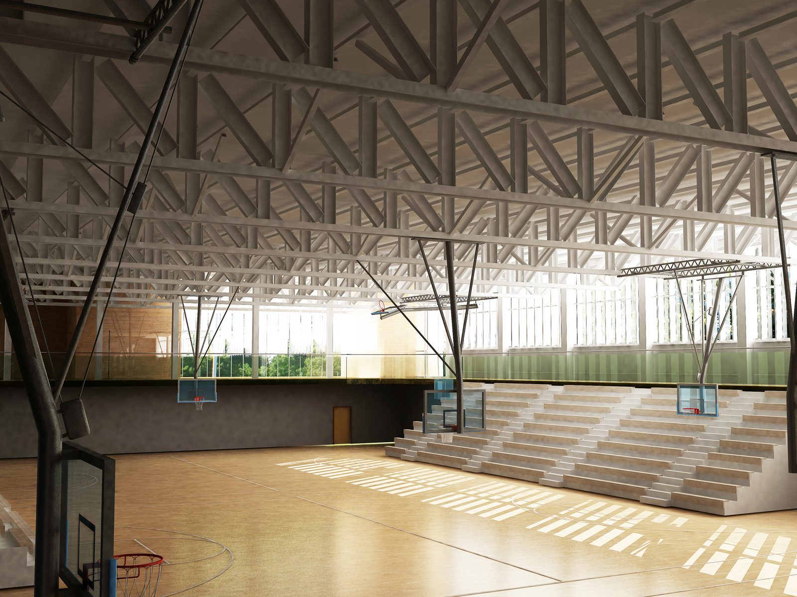 Sala de sport, cu ferma metalică aparentă, tribuna și terenul