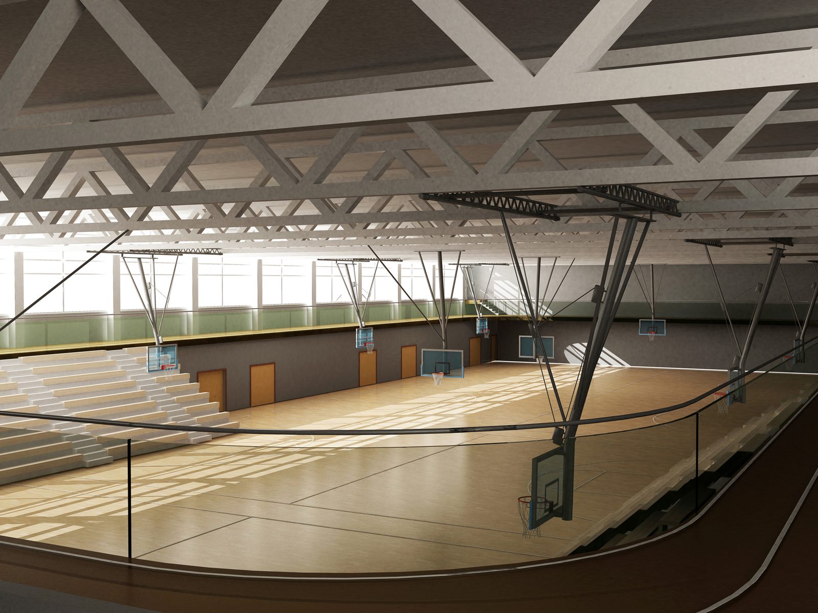 Randare a sălii de sport de pe galeria de sus, cu panourile de baschet suspendate de ferme
