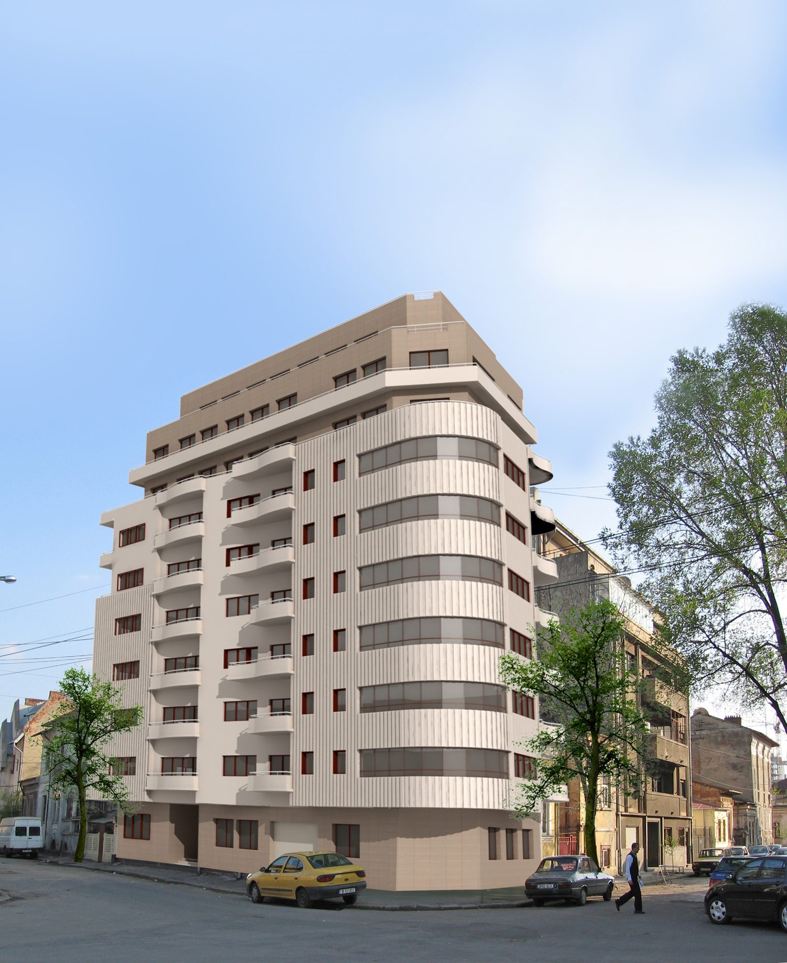 Fotomontaj al blocului de locuințe la colț de stradă, cu balcoanele rotunjite și aticul retras, în contextul real