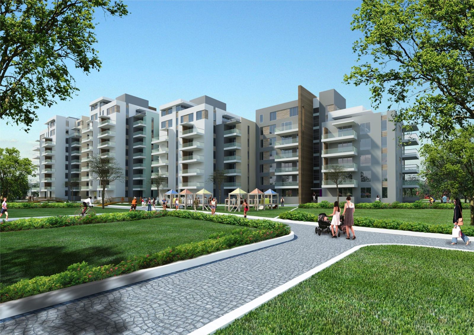 Rândul de corpuri de peste parc, cu locul de joacă și aleea pavată