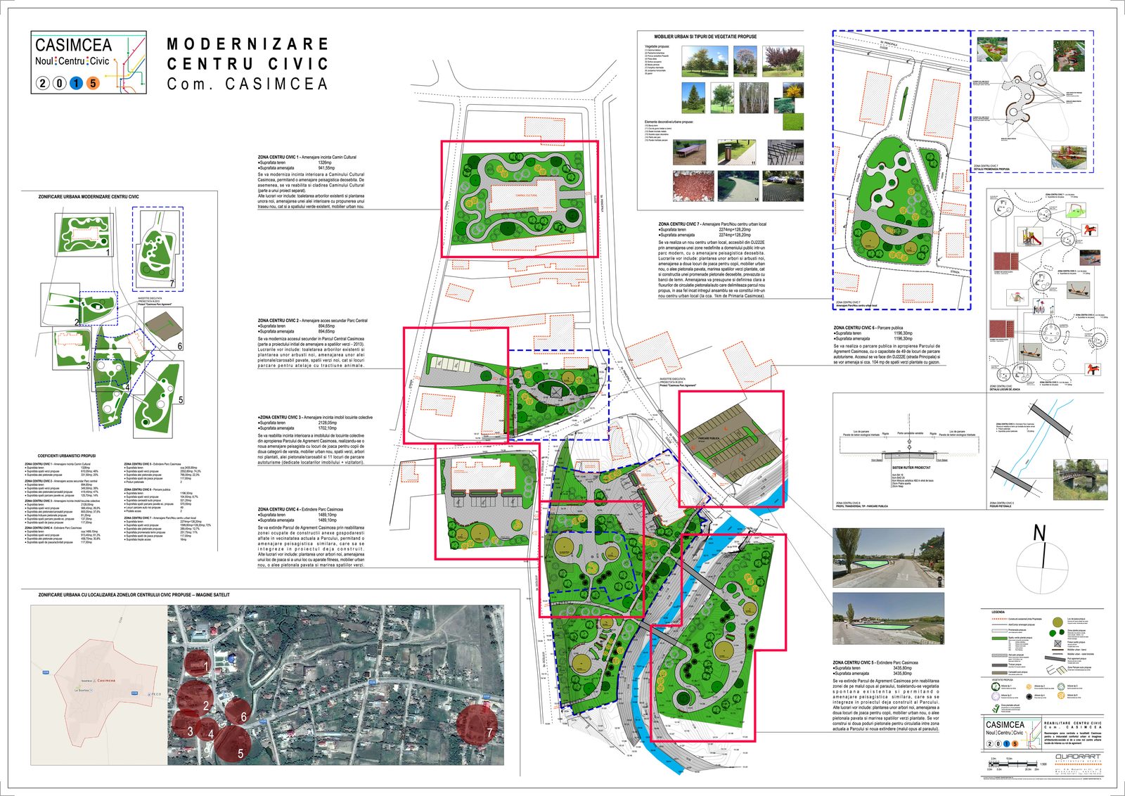Desen de urbanism: planșa generală a centrului civic, cu planurile zonelor, legenda și extrasul din imaginea satelit