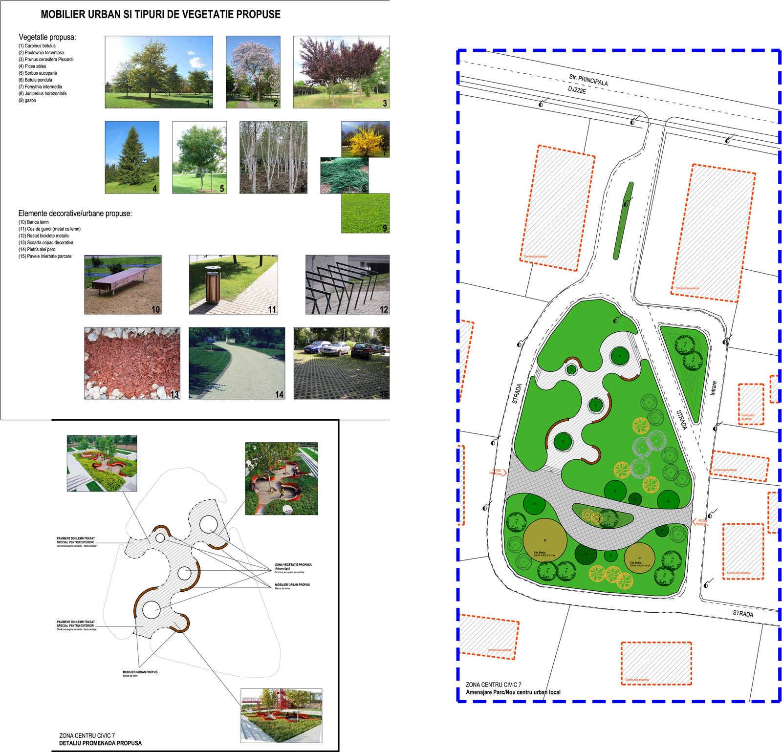 Desen de urbanism: planul parcului propus, detaliul promenadei și vegetația și mobilierul urban propuse