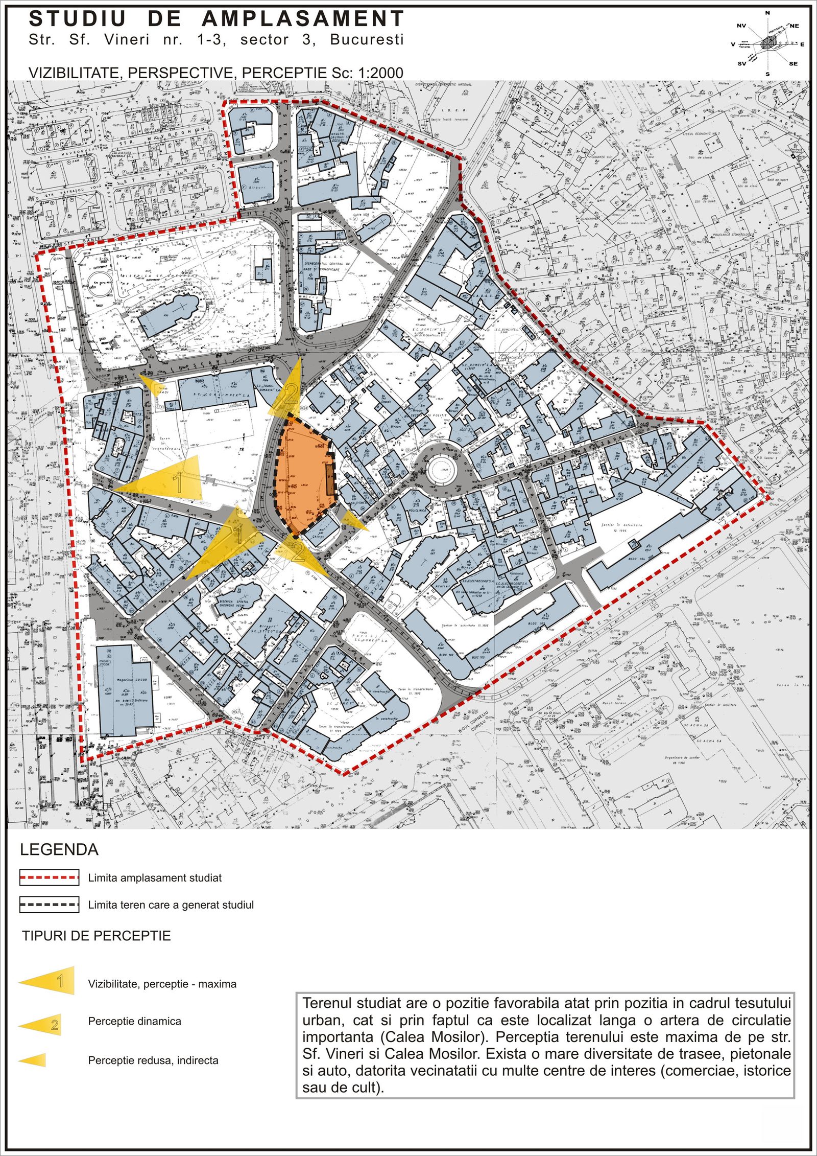 Plan urbanistic de vizibilitate: terenul studiat în țesutul cartierului, cu conurile de perspectivă