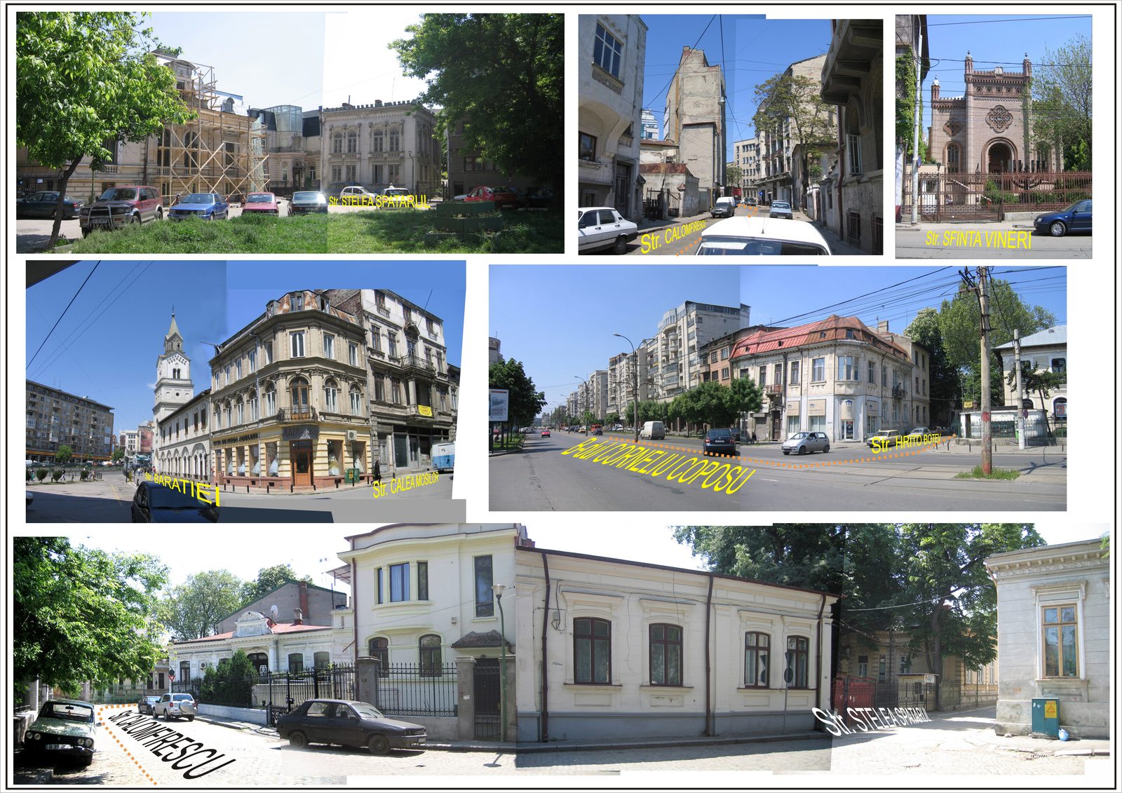 Planșă de fotografii ale străzilor din jurul terenului, cu clădirile istorice din vecinătate